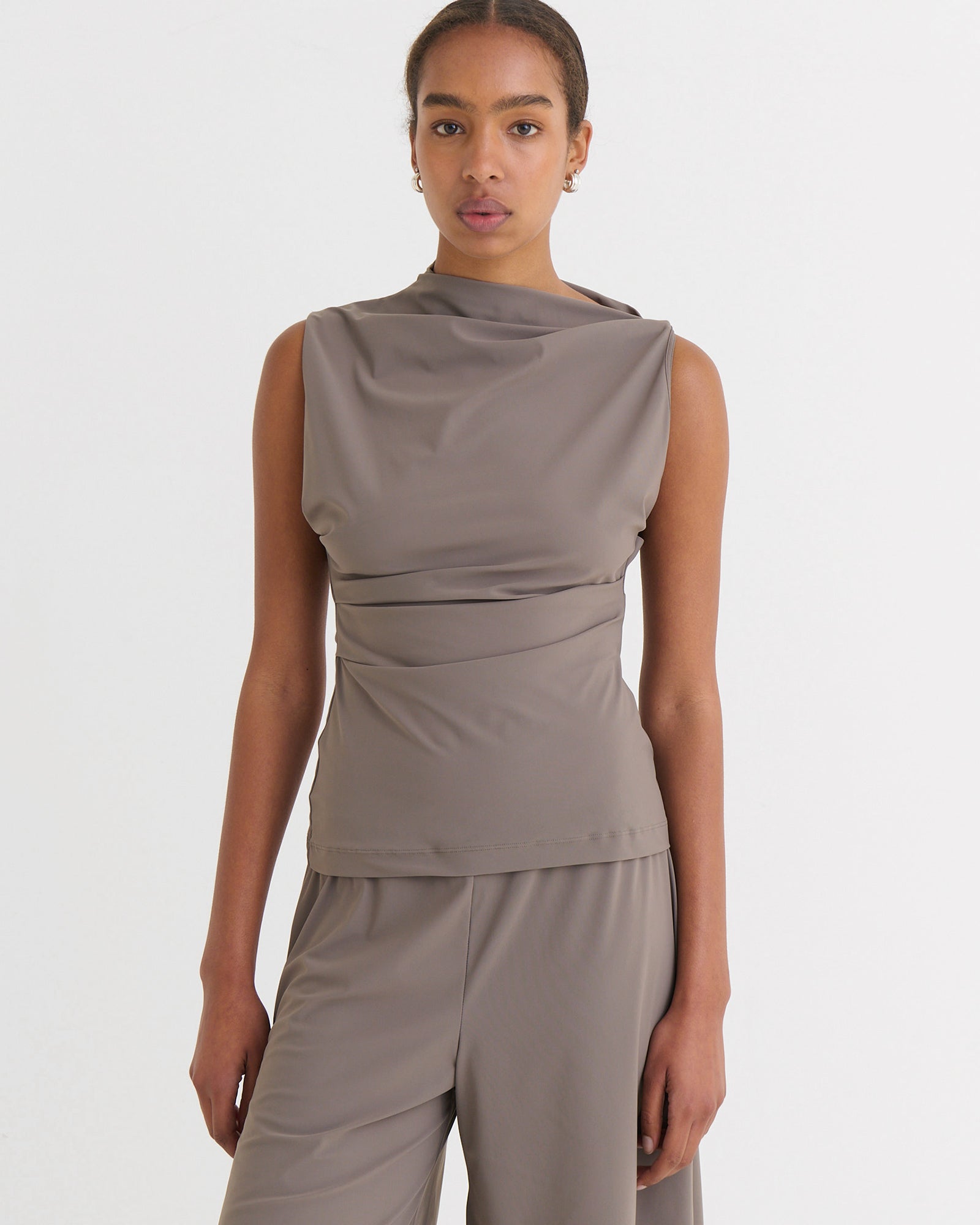 Asymmetric sleeveless top, Taupe