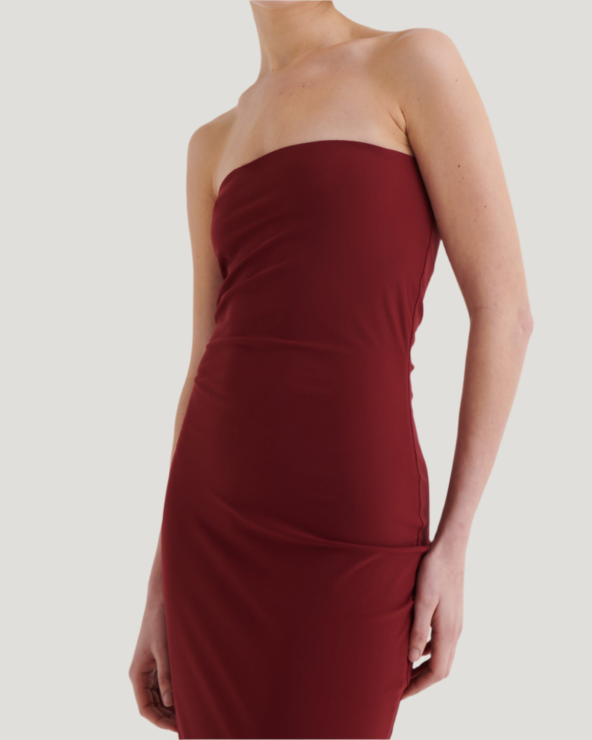 Strapless bandeau dress, Oxblood