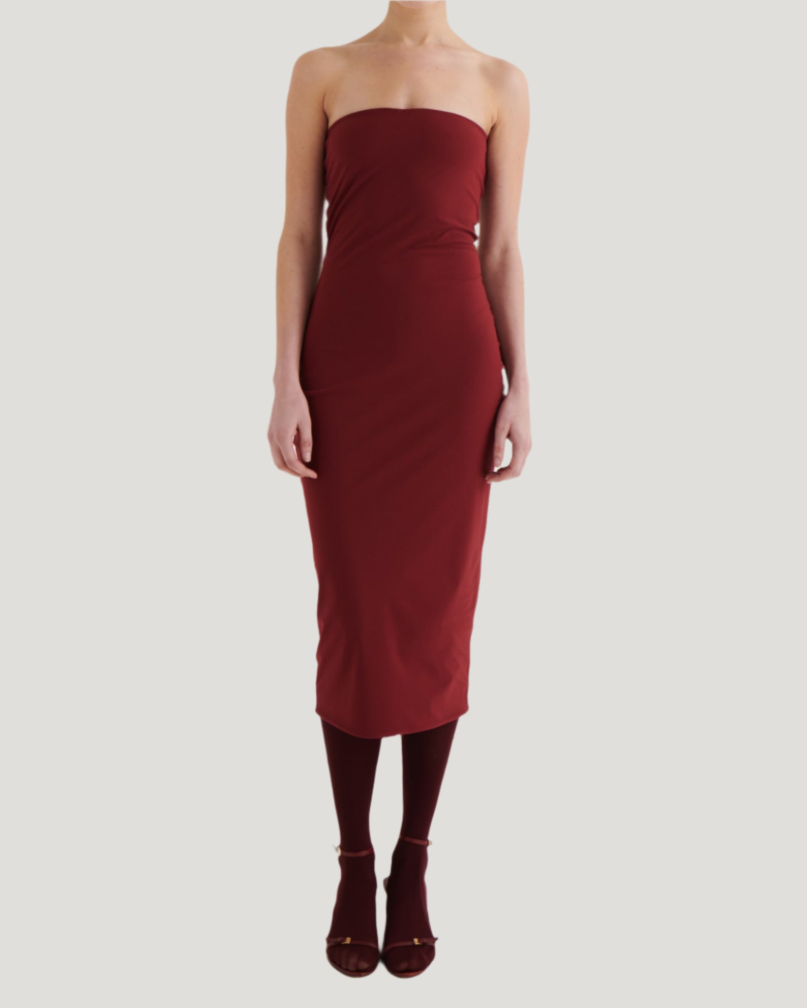 Strapless bandeau dress, Oxblood