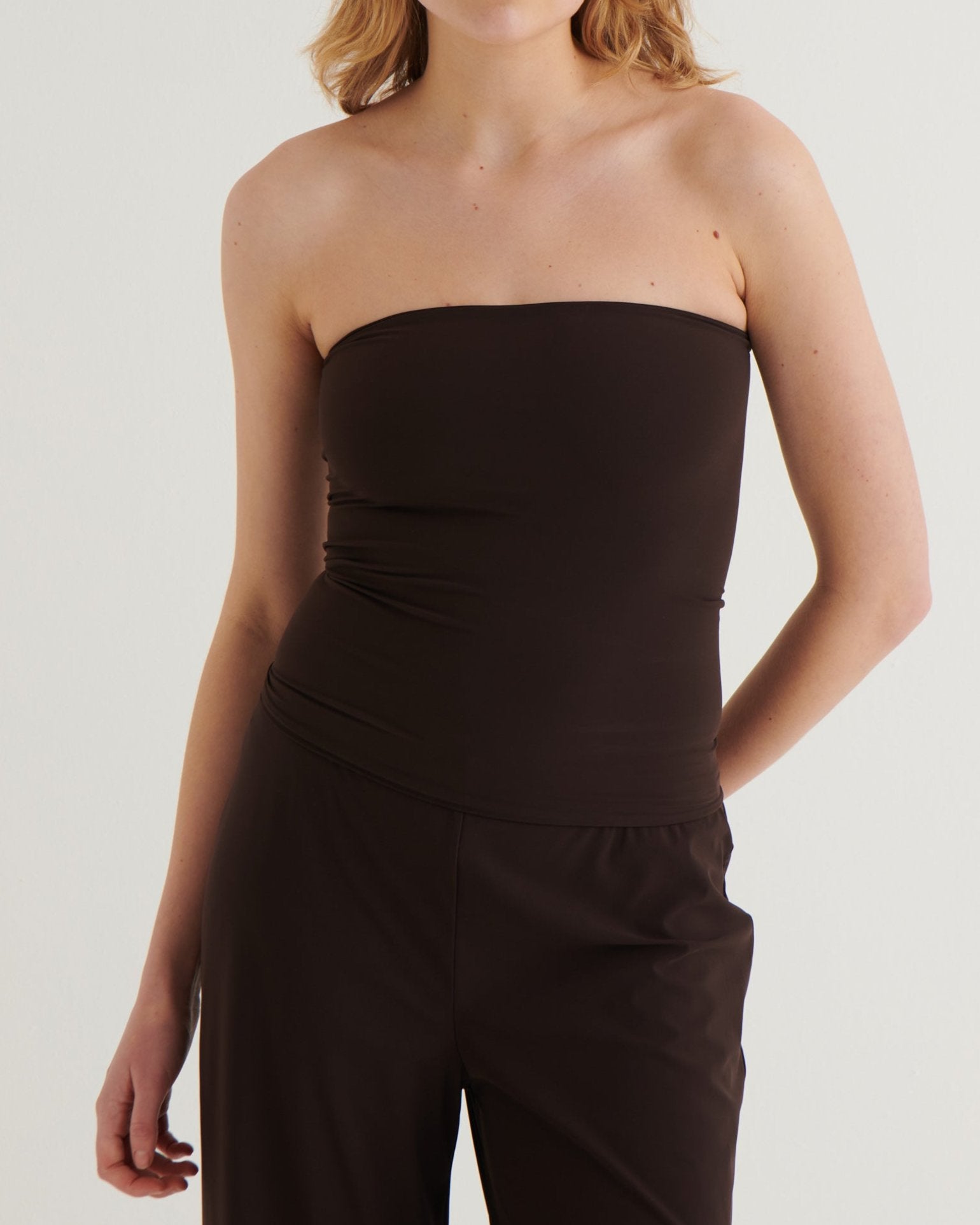 Strapless jersey bandeau top, Cocoa